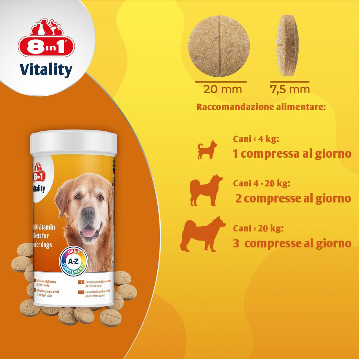 Pastiglie multivitaminiche 8in1 Vitality Senior per cani anziani, barattolo da 70 compresse