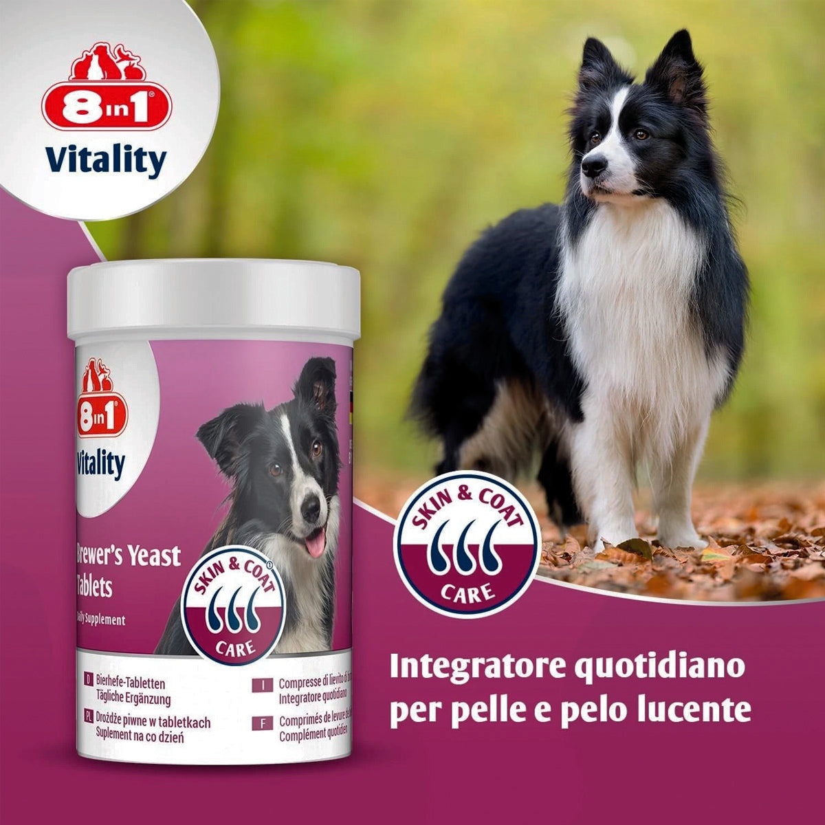 Pastiglie al lievito di birra 8in1 per cani, barattolo da 260 compresse per cute e pelo