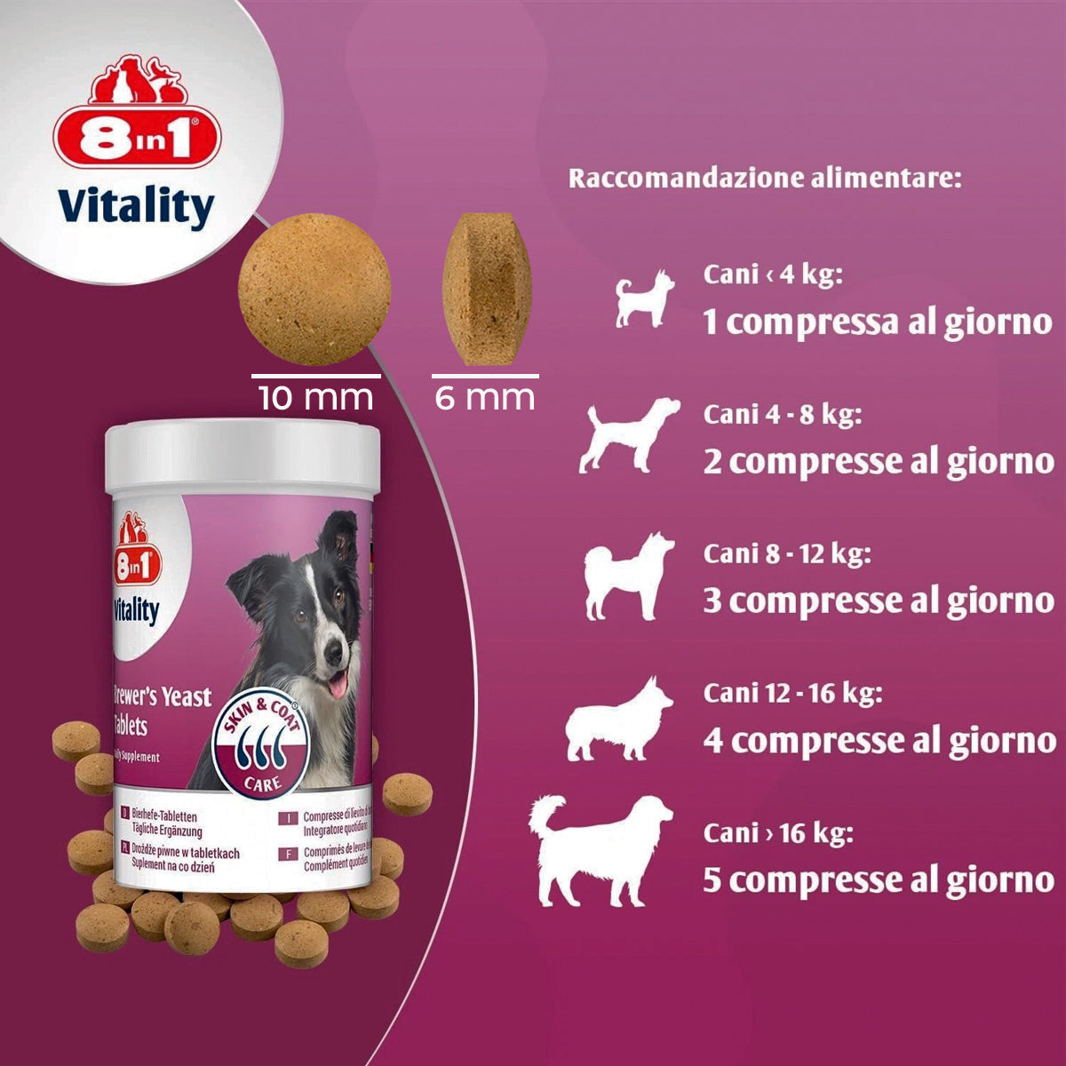 Pastiglie al lievito di birra 8in1 per cani, barattolo da 260 compresse per cute e pelo