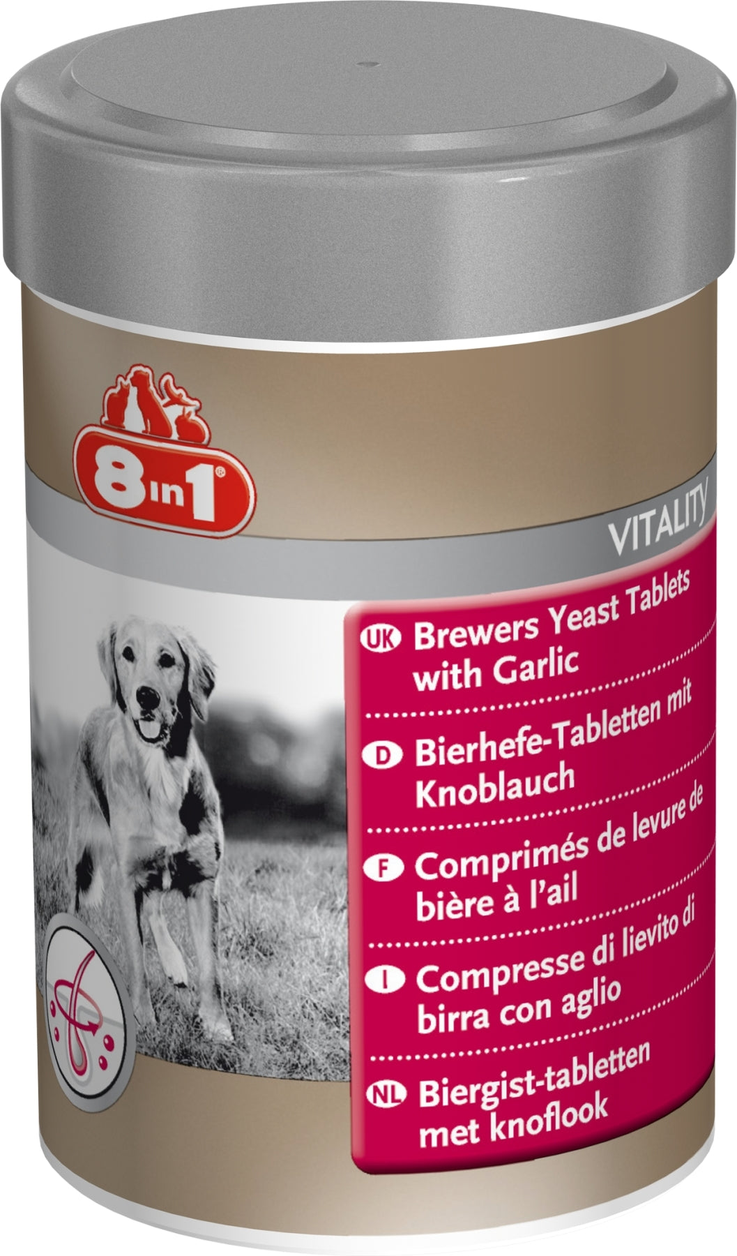 Pastiglie al lievito di birra 8in1 per cani, barattolo da 260 compresse per cute e pelo