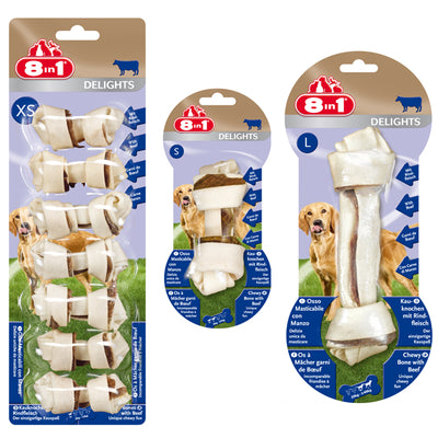 Snack masticativo Beef 8in1 Delights per cani con carne bovina e pelle bovina