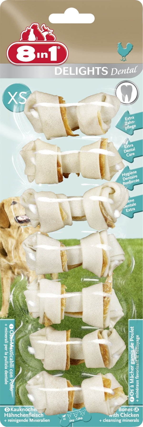 Snack masticabile 8in1 Delights osso per cani con pollo e pelle bovina