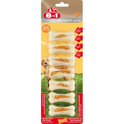 Snack masticabile Strong 8in1 Delights per cani con carne di pollo e rivestimento in pelle bovina