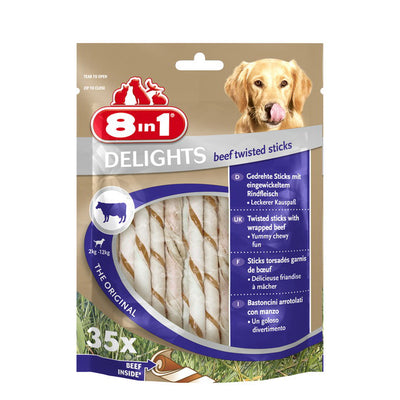 Bastoncini twisted manzo 8in1 Delights per cani piccoli, arrotolati in pelle bovina