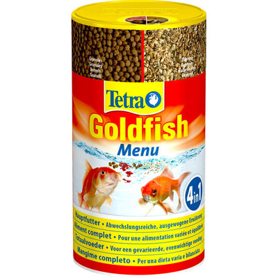 Mangime 4 in 1 Tetra Goldfish Menu per pesci rossi, 250 ml con crisps, granuli, fiocchi e dafnie
