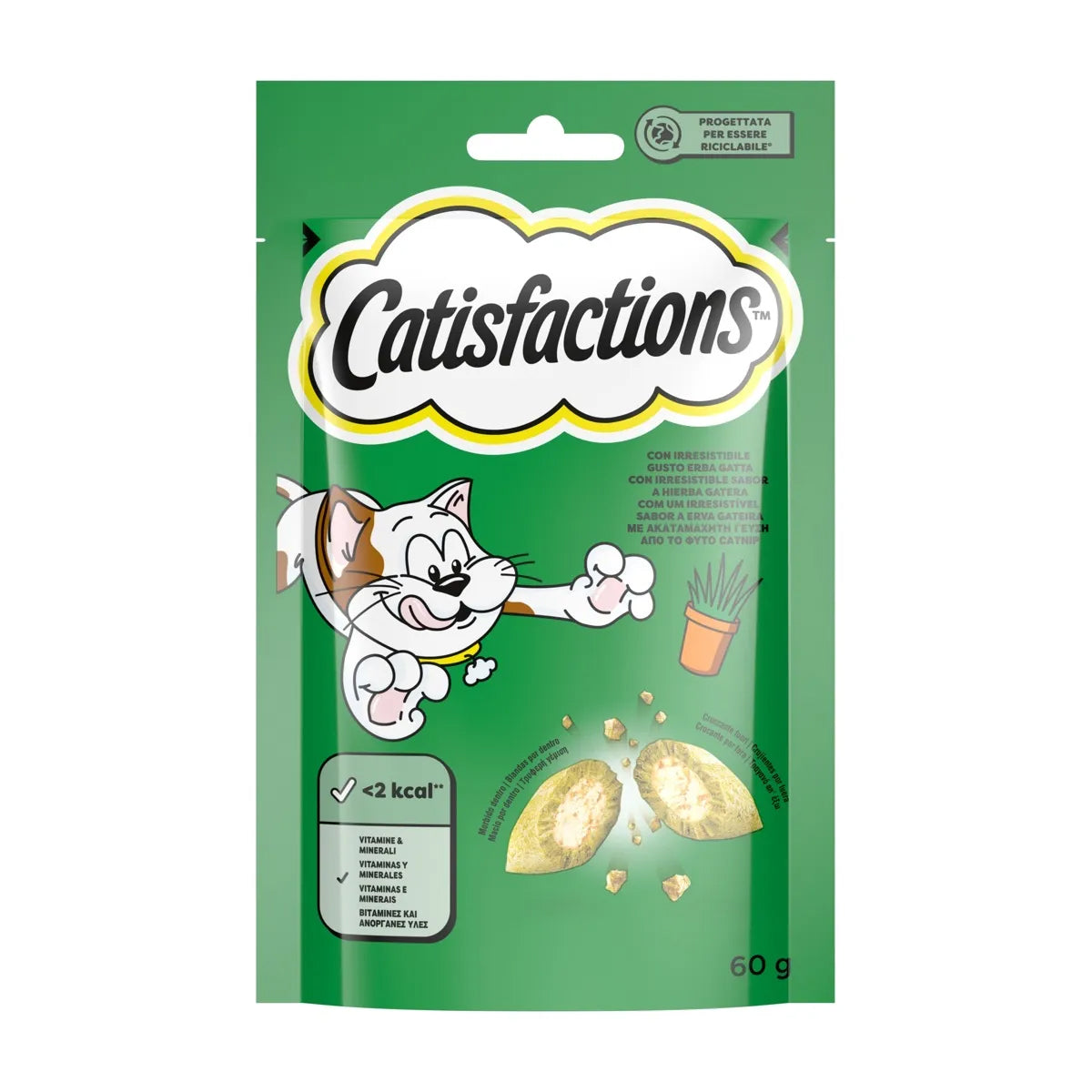 Snack per gatti Catisfactions all'erba gatta, bocconcini croccanti e morbidi da 60 g