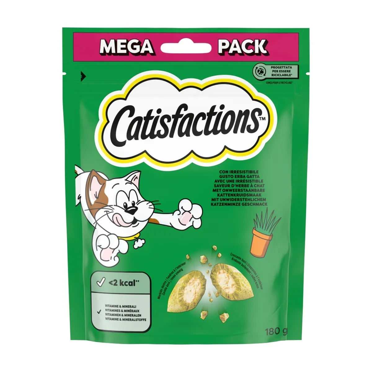 Snack per gatti CATISFACTIONS con erba gatta, doppia consistenza croccante e morbida, confezione 180 g
