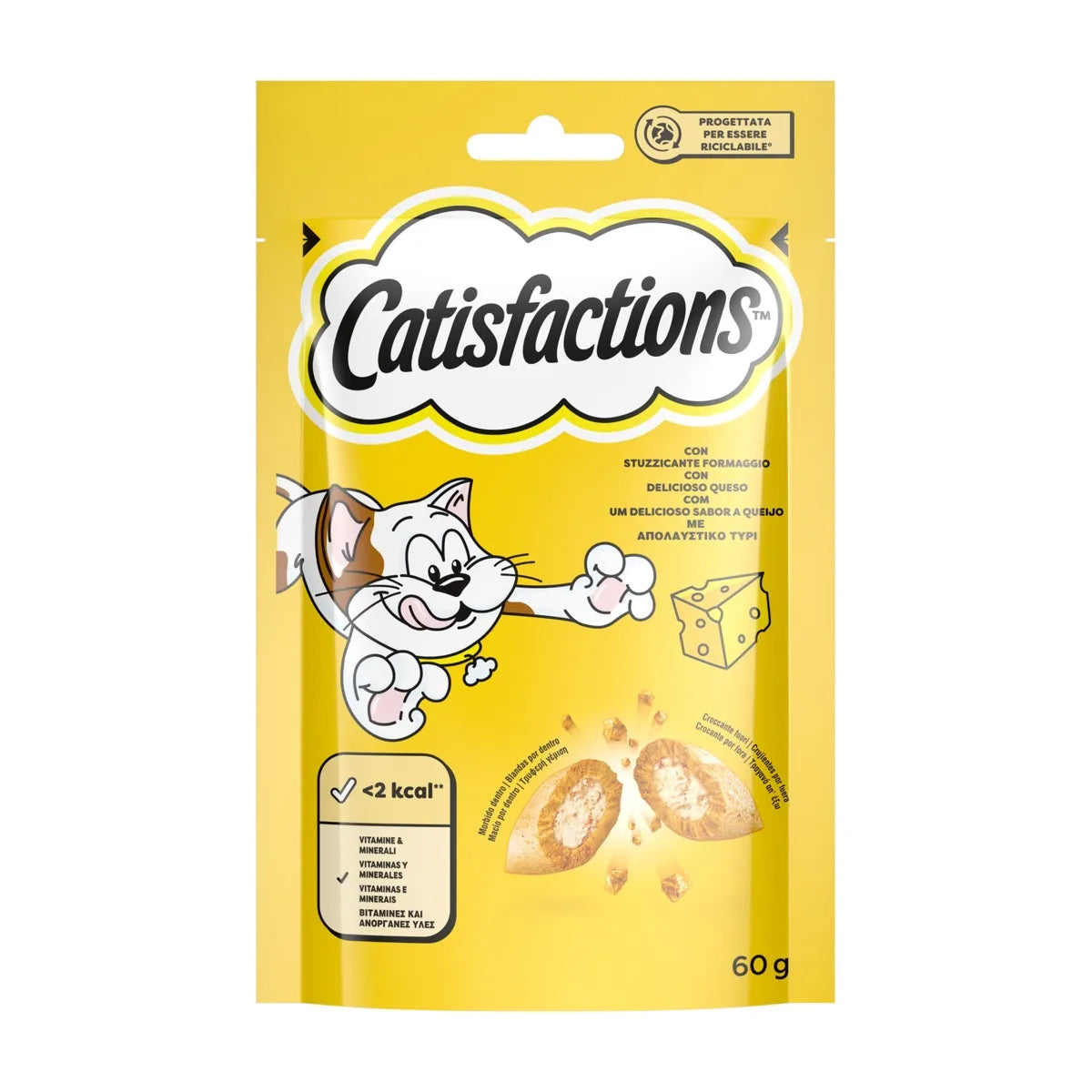 Snack per gatti al formaggio Catisfactions, bocconcini croccanti e cremosi da 60 g