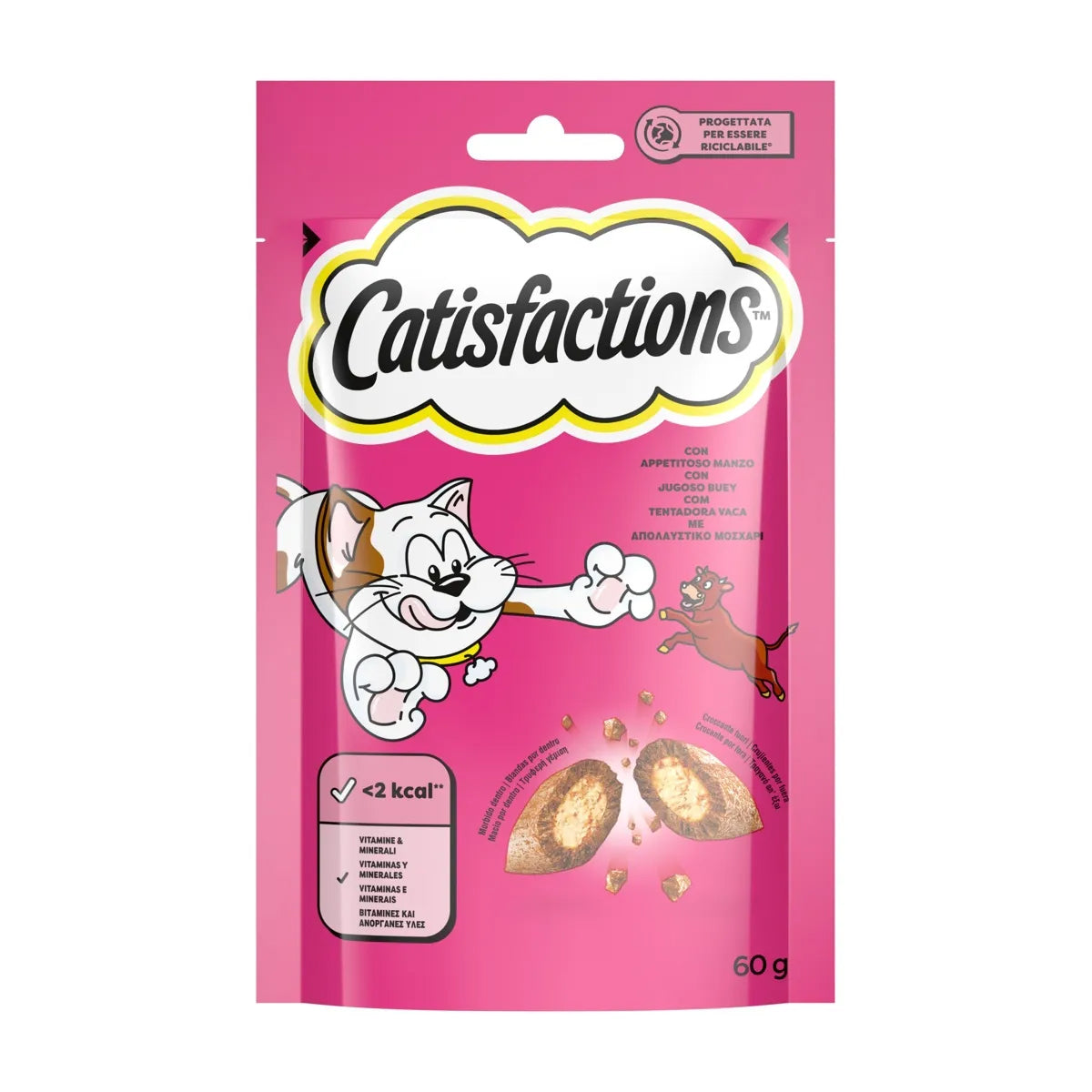 Snack bocconcini Catisfactions Manzo per gatti, confezione 60 g con doppia consistenza croccante-cremosa