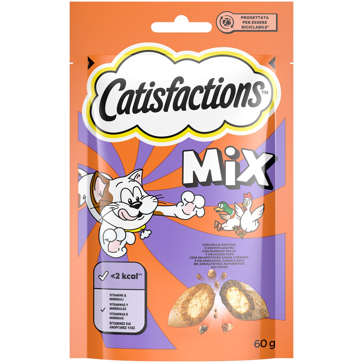 Snack croccanti CATISFACTIONS Pollo e Anatra per gatti, confezione 60 g con doppia consistenza