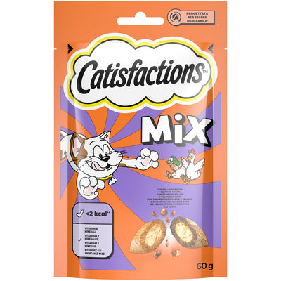 Snack croccanti CATISFACTIONS Pollo e Anatra per gatti, confezione 60 g con doppia consistenza