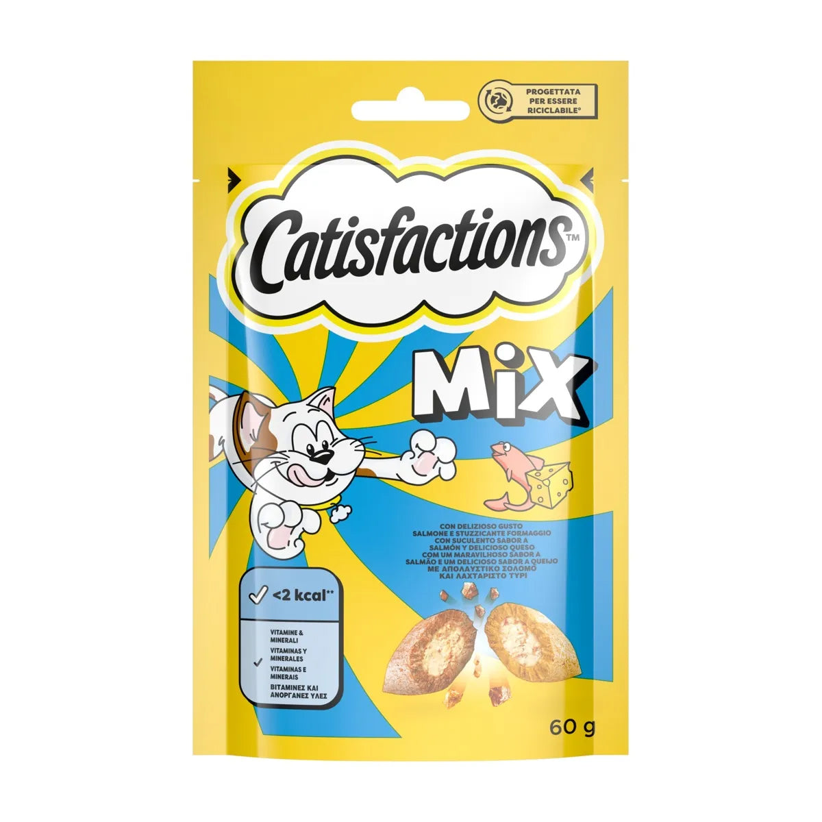 Snack CATISFACTIONS Salmone e Formaggio per gatti, confezione da 60 g con doppia consistenza croccante e cremosa
