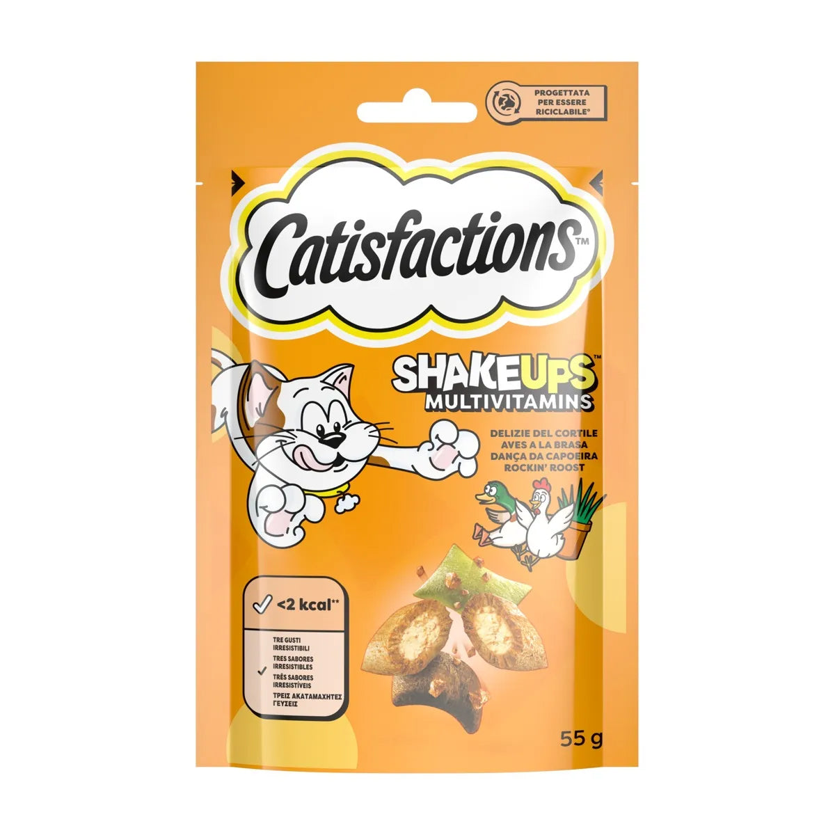 Snack gatto CATISFACTIONS ShakeUps Delizie Cortile 55g con doppia consistenza croccante-cremosa e aroma erba gatta