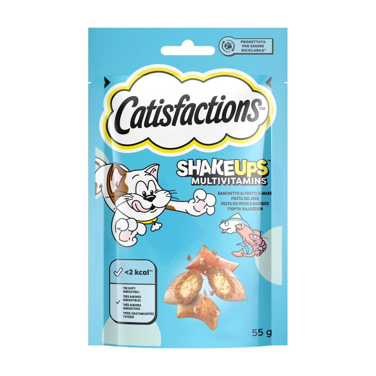 Snack Catisfactions ShakeUps Frutti di Mare per gatti, bocconcini doppia texture croccante e cremoso, confezione 55 g