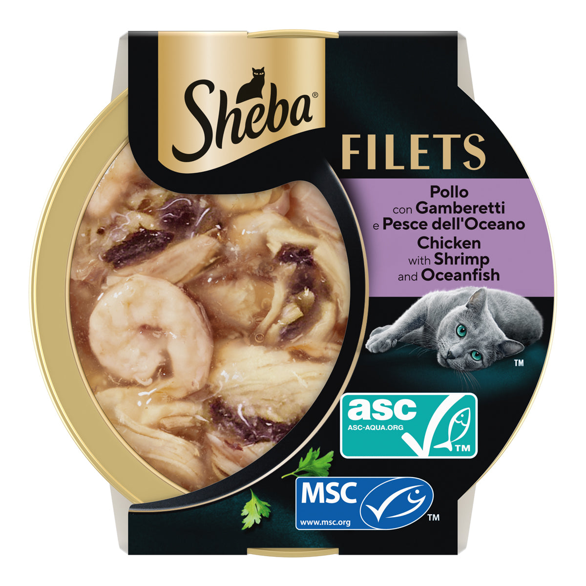 Filetti SHEBA per gatti con pollo, tonno e gamberetti in salsa, vaschetta 60g