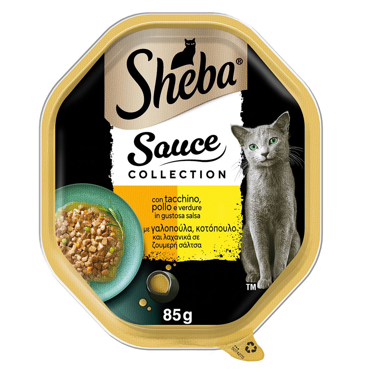 Paté Sheba Sauce Collection per gatti con tacchino, pollo e ortaggi, vaschetta da 85 g