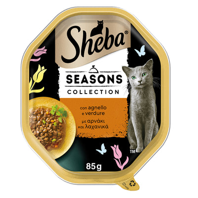 Mangime umido Sheba Seasons Collection in salsa con agnello e verdure per gatti adulti, vaschetta 85 g