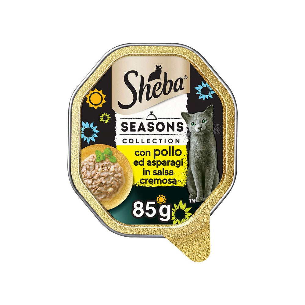Alimento umido Sheba Seasons per gatti con pollo e asparagi in salsa, vaschetta da 85 g