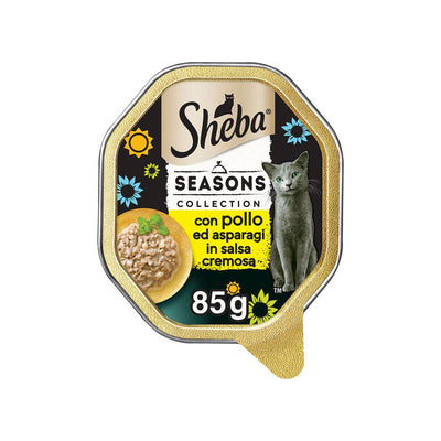 Alimento umido Sheba Seasons per gatti con pollo e asparagi in salsa, vaschetta da 85 g