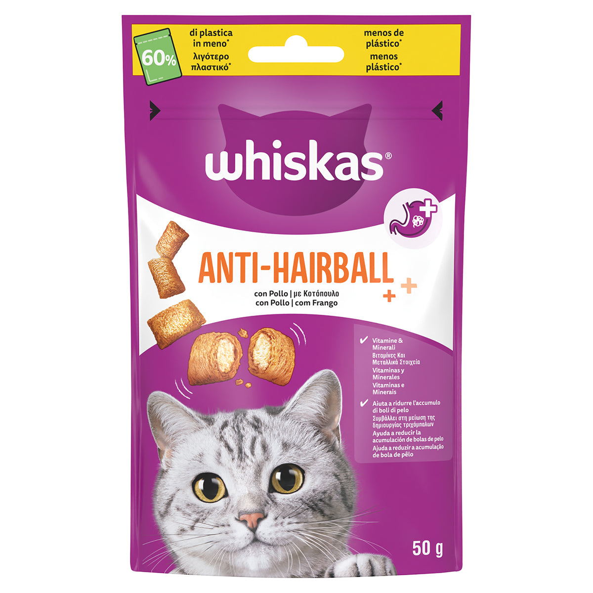 Snack anti-hairball Whiskas per gatti con pollo, doppia consistenza, 60 g