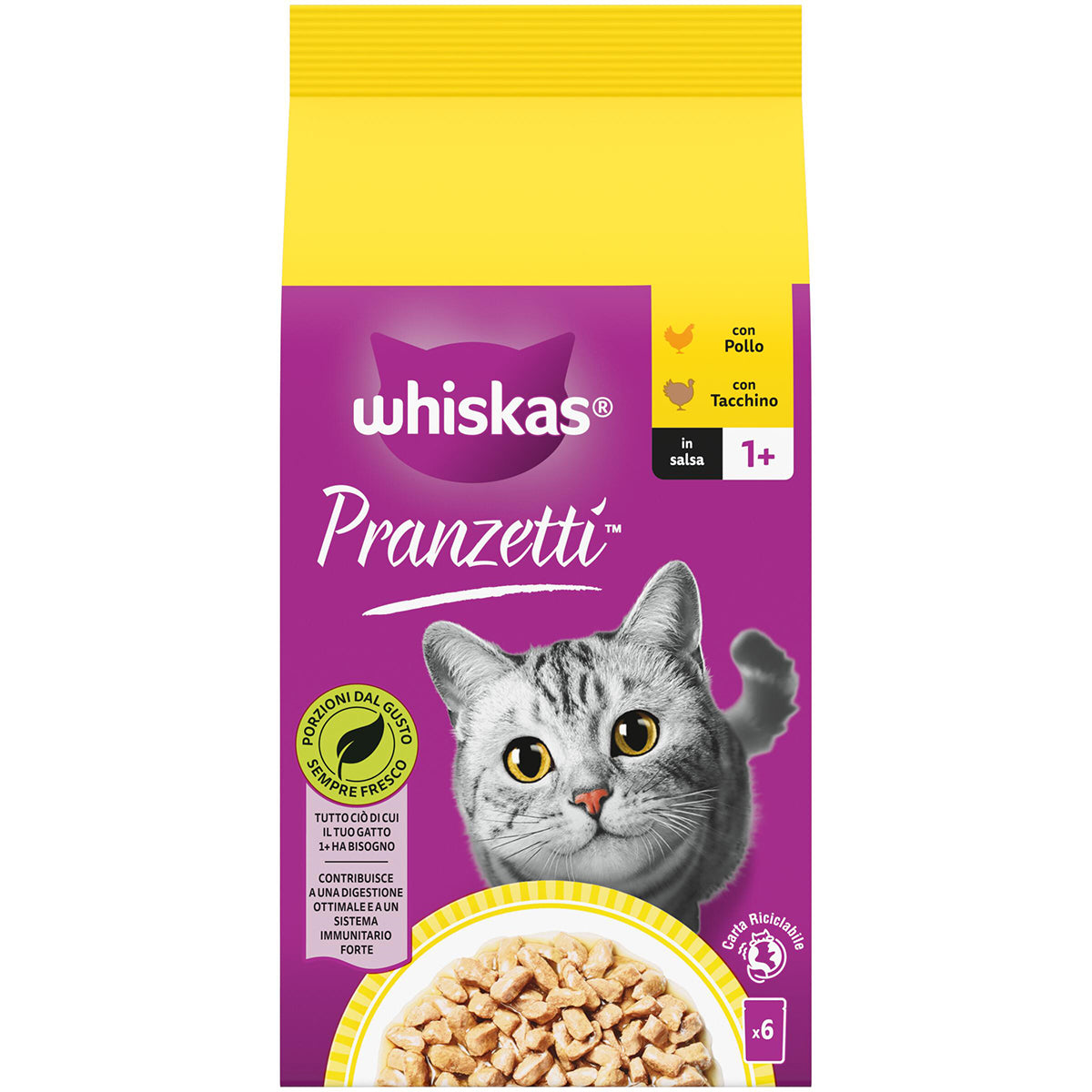 Whiskas Pranzetti per gatto con pollo e tacchino in salsa, confezione 6 x 50 g
