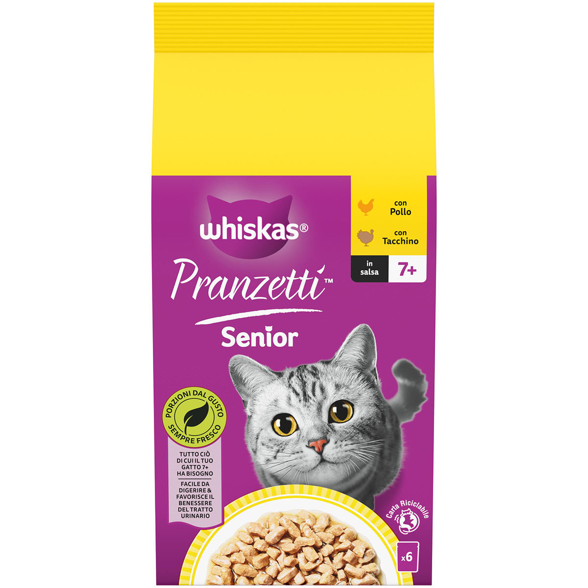 Whiskas Pranzetti Carni Bianche per Gatto Senior 7+, 6 bustine da 50 g in salsa con pollo e tacchino