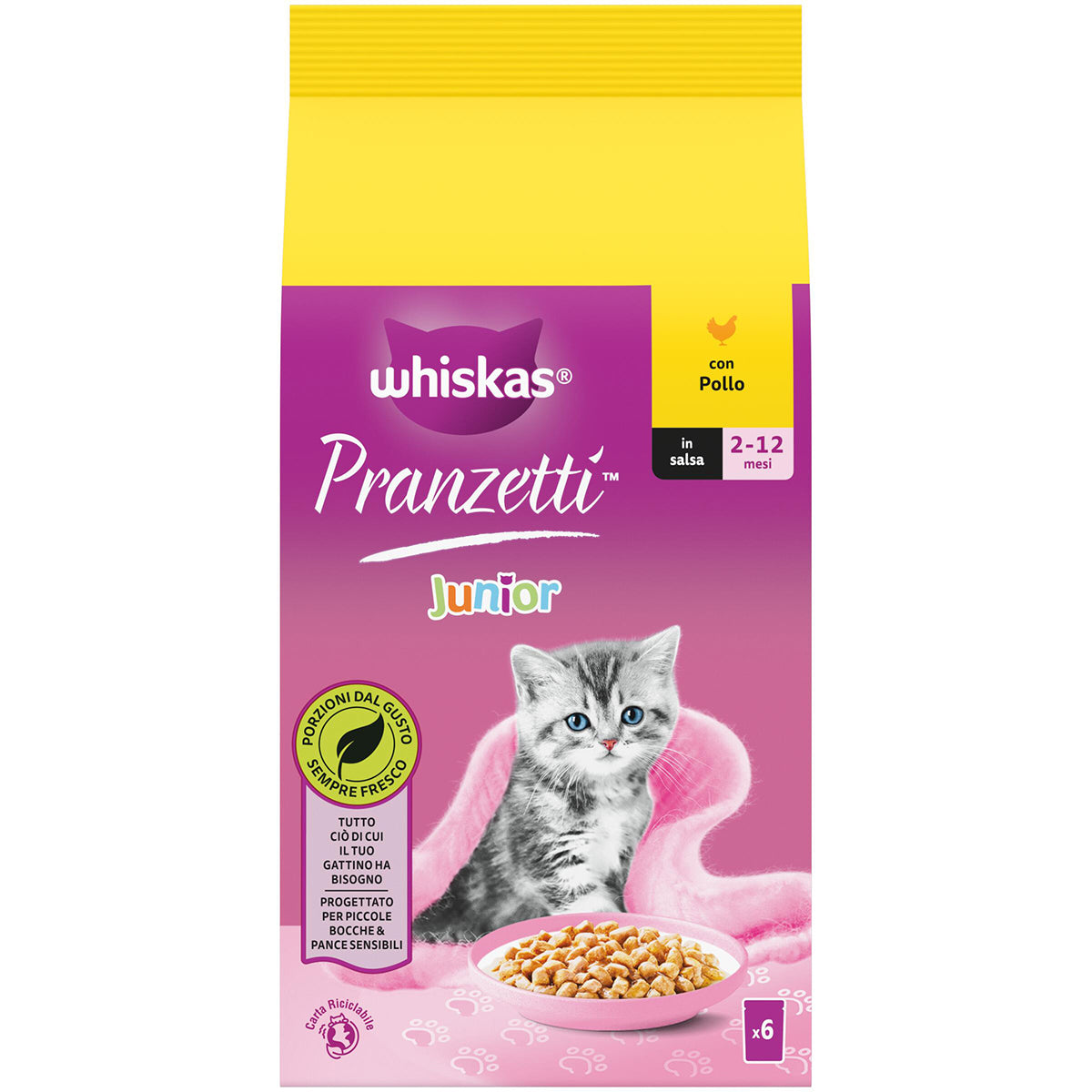 Pranzetti Kitten per gatto in salsa con pollo, 6 bustine da 50 g, alimento umido completo