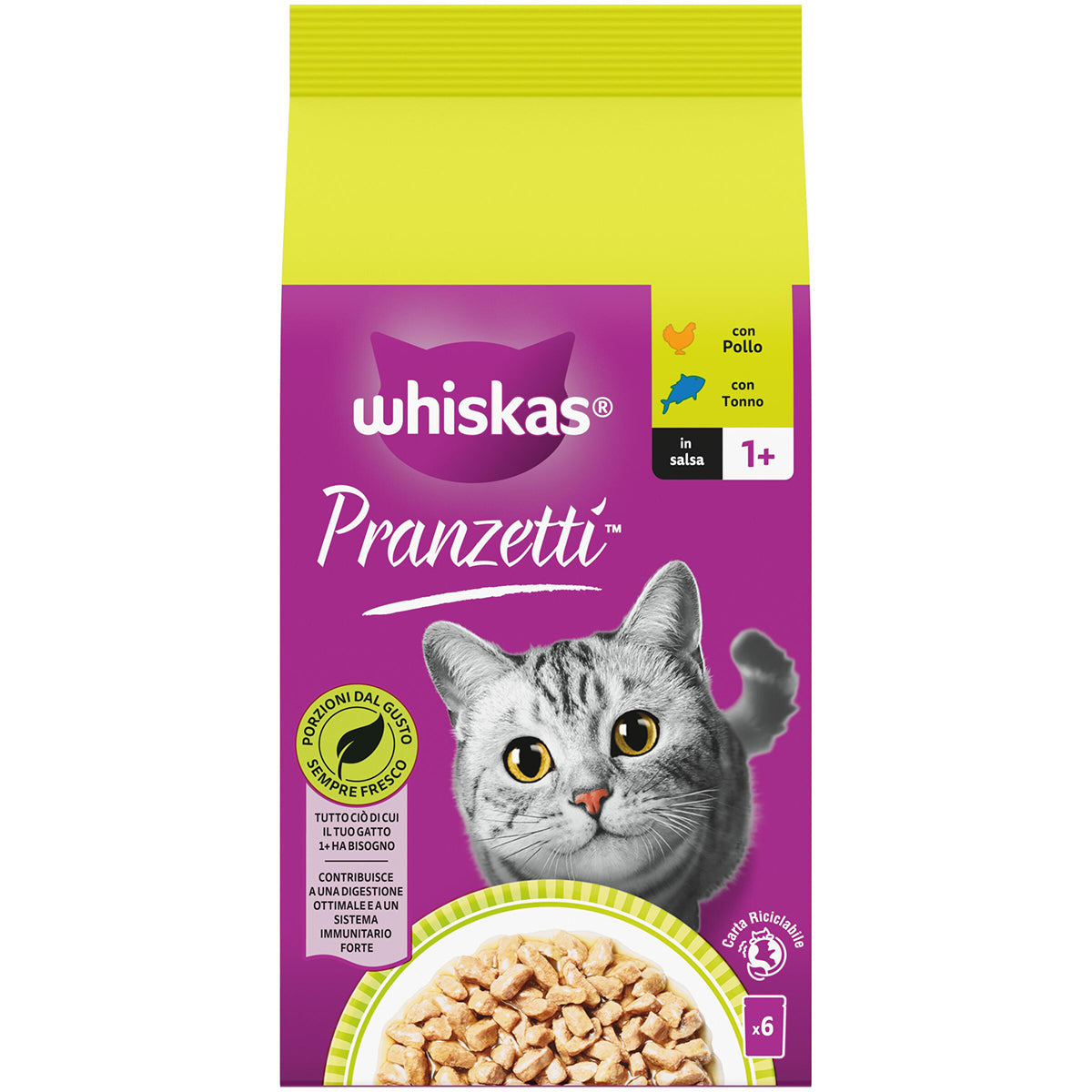 Whiskas Pranzetti Mari & Monti per gatto adulto, 6 bustine da 50 g con pollo e tonno in salsa
