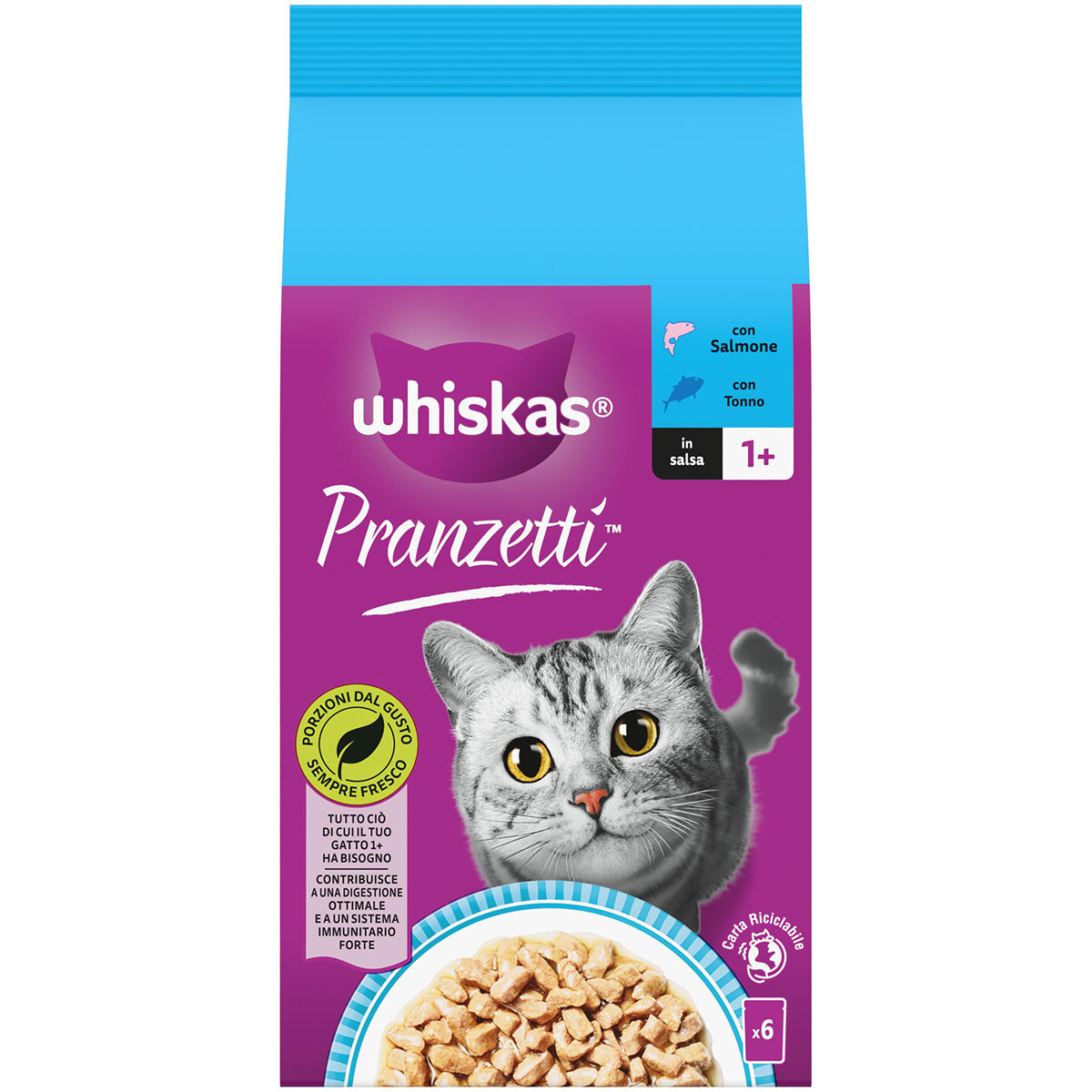 Pranzetti pesce Whiskas per gatto adulto in salsa, 6 bustine da 50 g con salmone e tonno