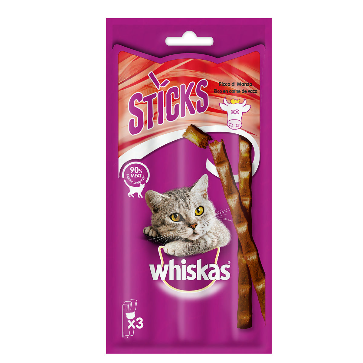 Snack sticks manzo per gatti adulti Whiskas, bastoncini monodose 18 g