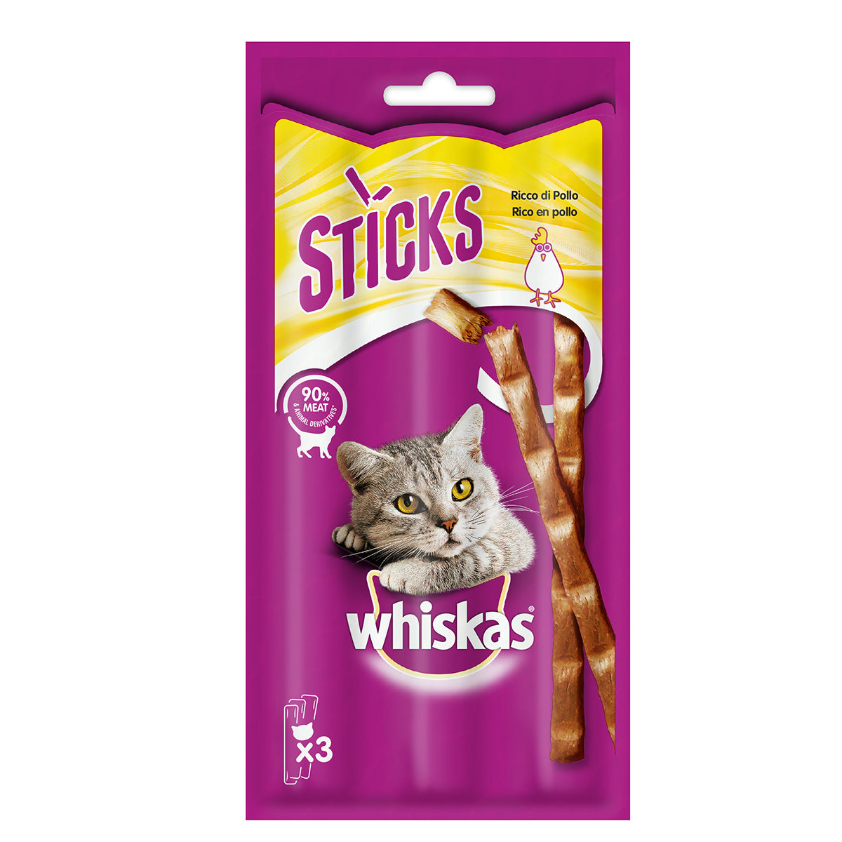 Snack sticks per gatti adulti al pollo, bastoncini singoli da 18 g confezionati individualmente