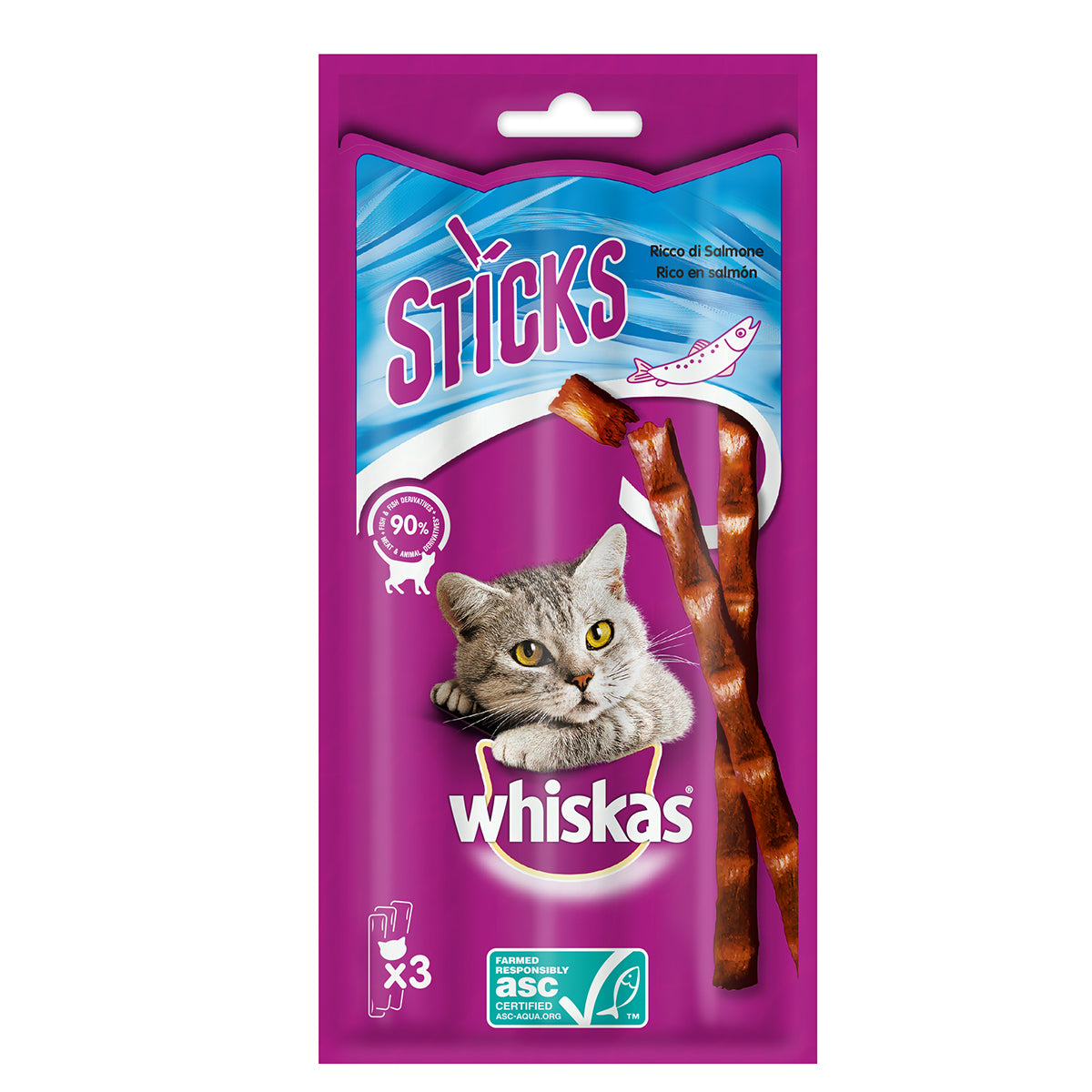 Whiskas snack sticks per gatti adulti ricco di salmone 18 g, bastoncini morbidi confezionati singolarmente
