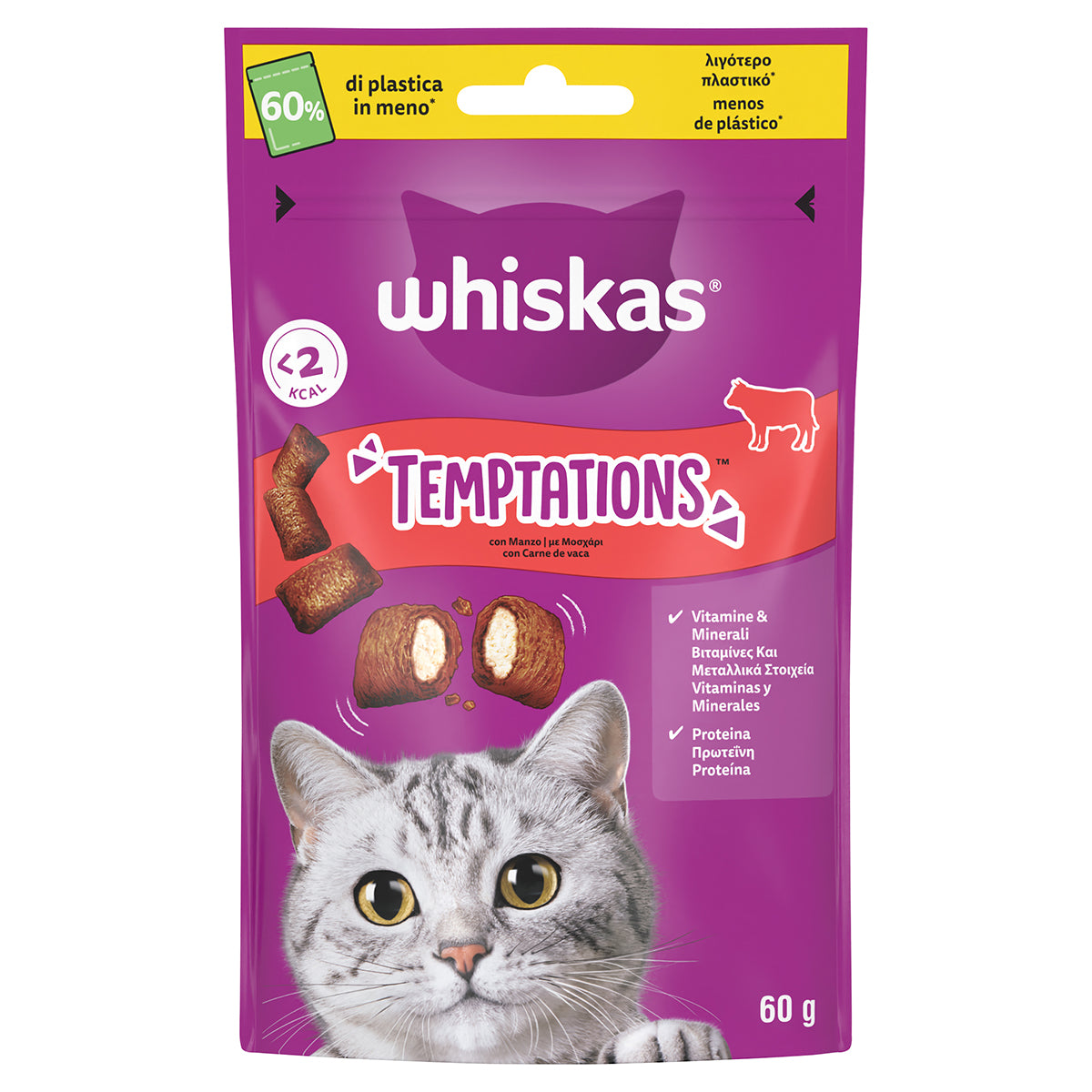 Snack croccanti Whiskas Temptations Manzo per gatti, confezione da 60 g con ripieno morbido