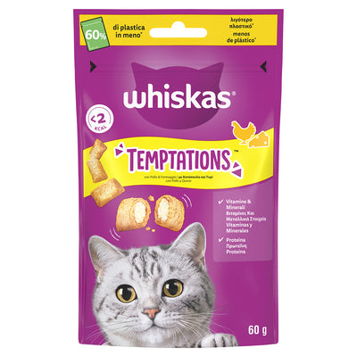 Snack gatto Whiskas Temptations pollo e formaggio 60 g, croccante e morbido