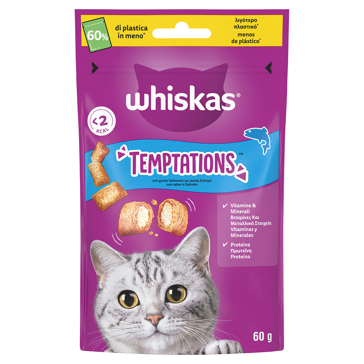 Snack croccanti Whiskas Temptations al salmone per gatti, 60 g
