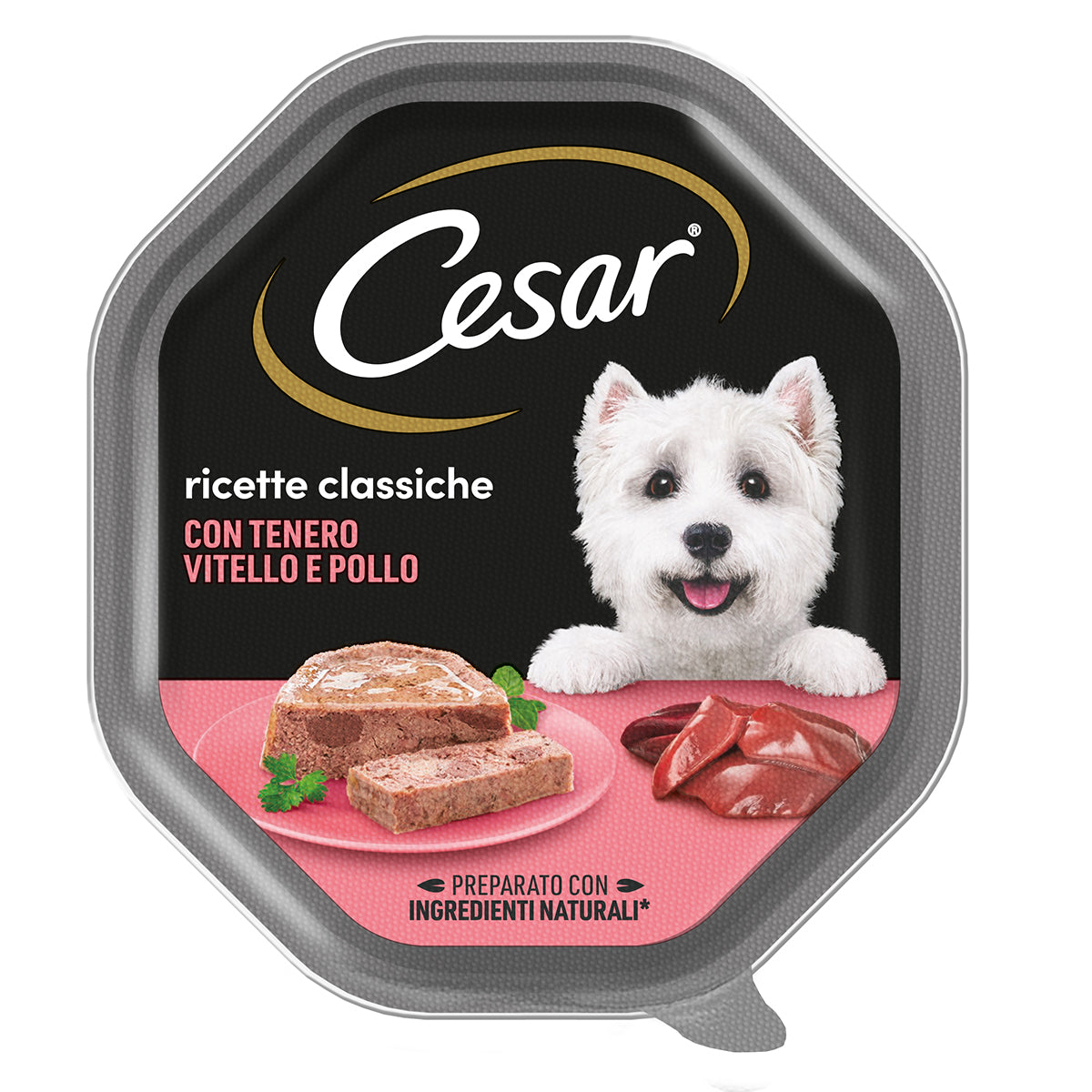 Mangime umido Cesar Ricette Classiche Vitello e Pollo paté per cani 150 g