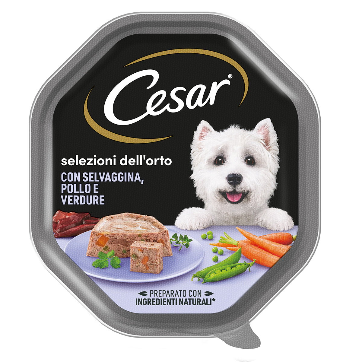 Cesar Selezione dell'Orto alimento umido per cani con pollo, selvaggina e verdure, vaschetta 150 g