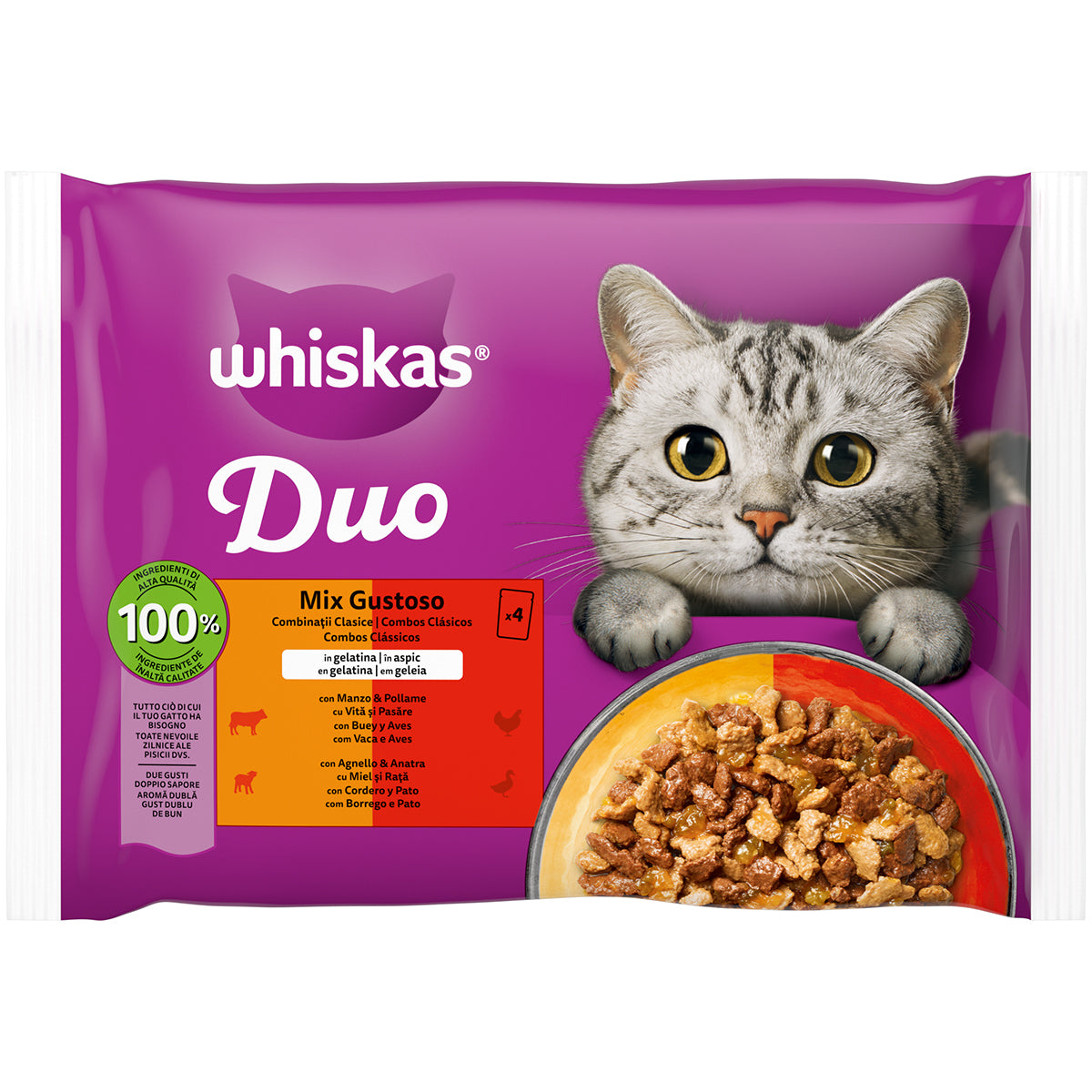Bocconcini in gelatina WHISKAS Duo Mix Gustoso per gatti adulti, confezione da 4 bustine da 85g