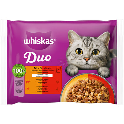 Bocconcini in gelatina WHISKAS Duo Mix Gustoso per gatti adulti, confezione da 4 bustine da 85g