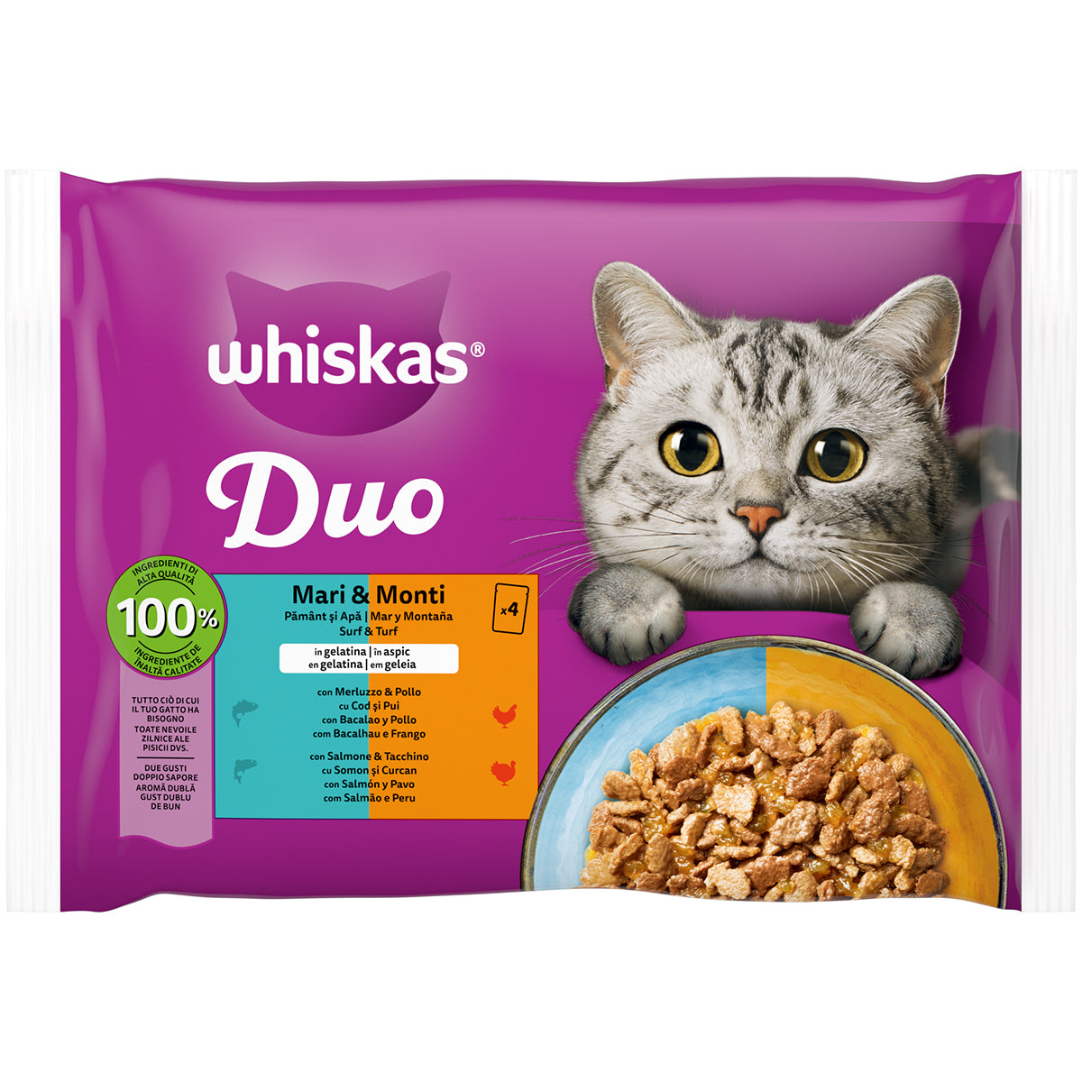 Bocconcini in gelatina WHISKAS Duo Mari & Monti per gatti adulti, 4 bustine da 85g