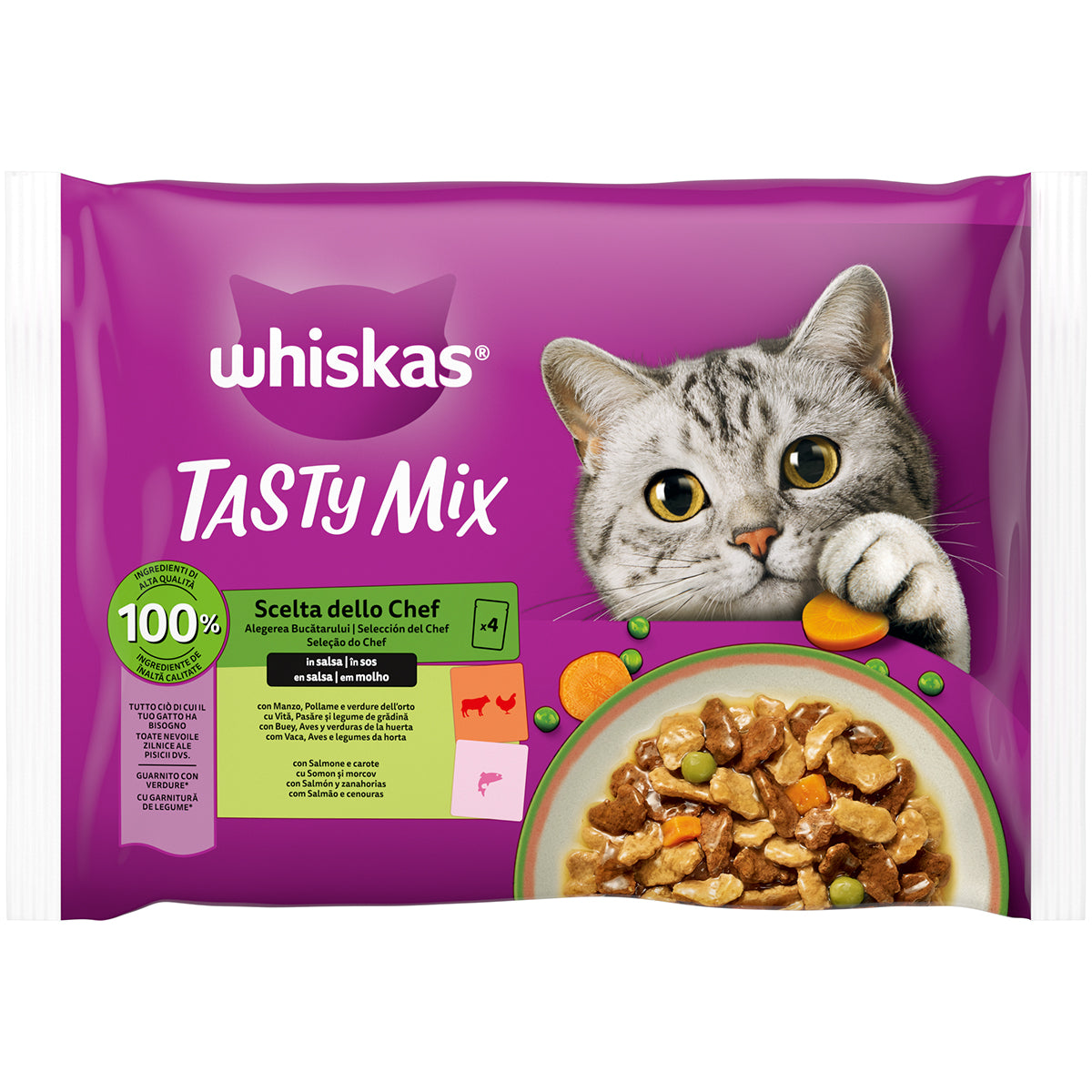 Bocconcini in salsa Whiskas Tasty Mix per gatti adulti, confezione 4x85g con ricette Manzo e Salmone