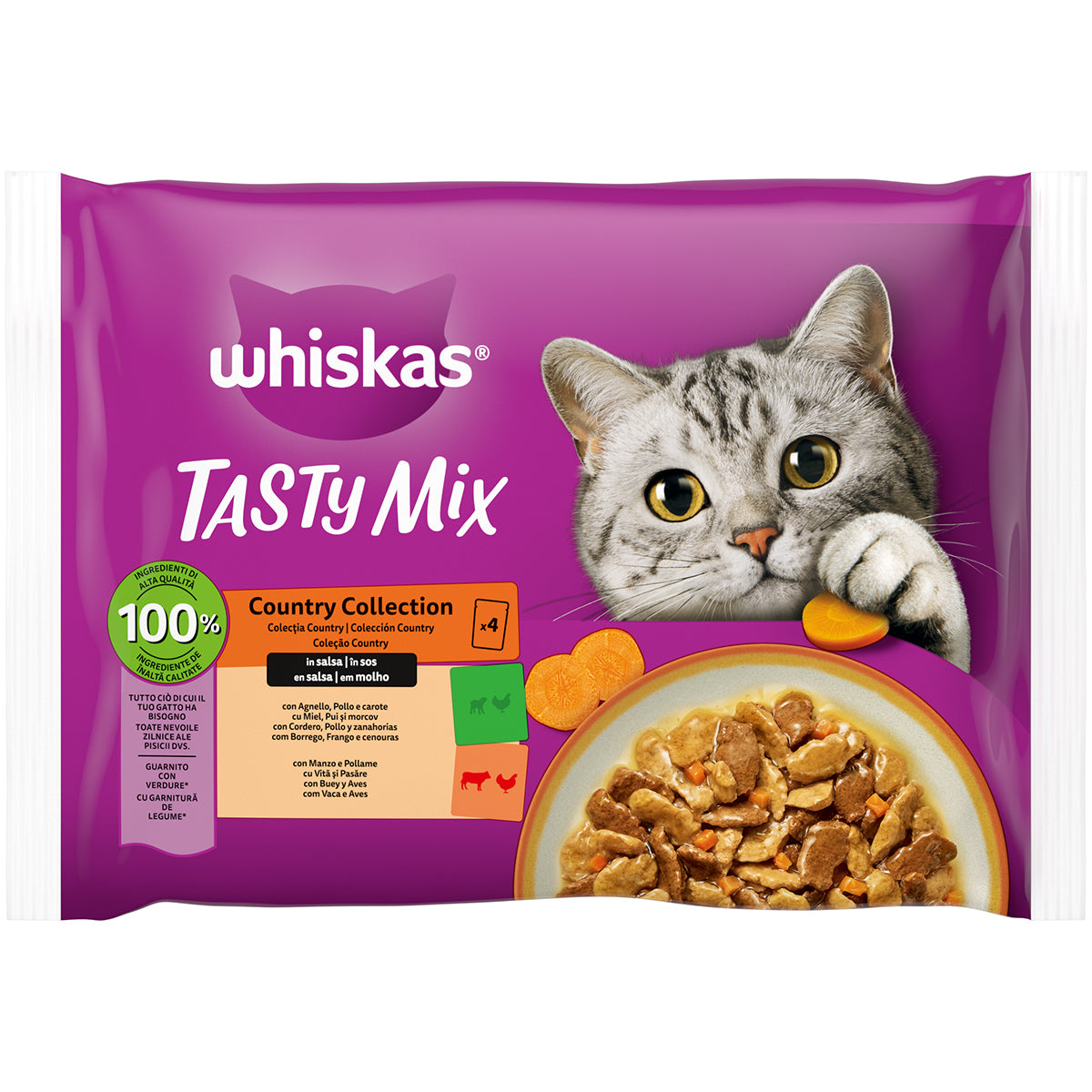 Bocconcini in salsa WHISKAS Tasty Mix Country Collection per gatti adulti, confezione 4x85g