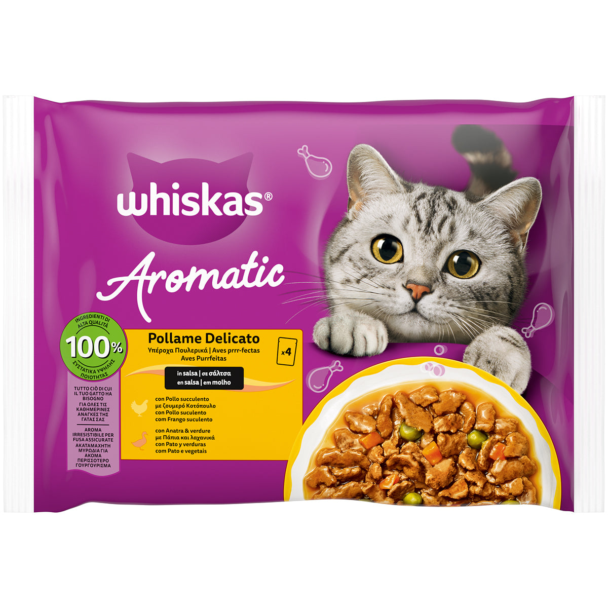 Bocconcini in salsa WHISKAS Aromatic Selection Pollame Delicato per gatti adulti, confezione 4x85g