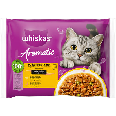 Bocconcini in salsa WHISKAS Aromatic Selection Pollame Delicato per gatti adulti, confezione 4x85g