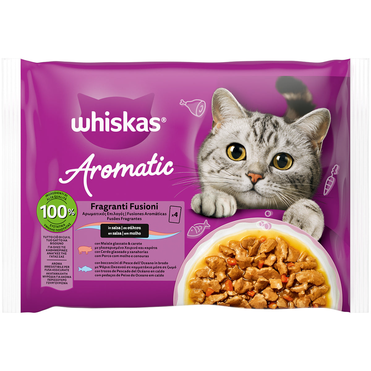 Bocconcini in salsa WHISKAS Aromatic Fragranti Fusioni per gatti adulti, multipack 4x85g con Maiale e Pesce