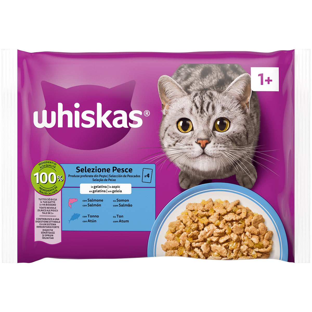 Bocconcini in gelatina WHISKAS Core Selezione Pesce per gatti adulti, 4 bustine da 85g
