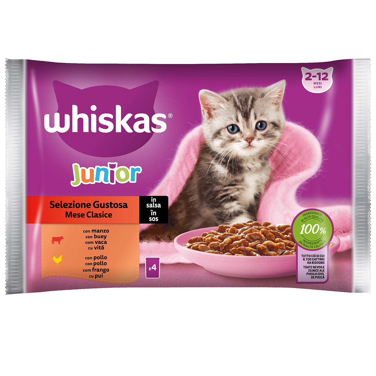 WHISKAS Junior Selezione Gustosa bocconcini in salsa manzo pollo gattini 4x85g