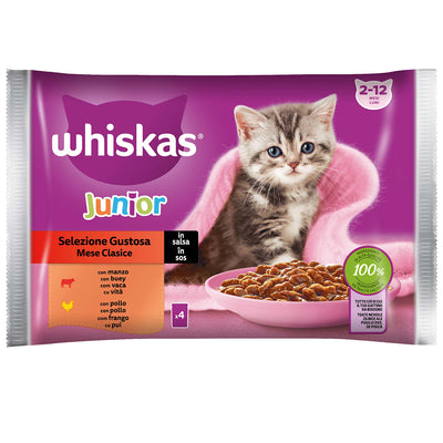 WHISKAS Junior Selezione Gustosa bocconcini in salsa manzo pollo gattini 4x85g